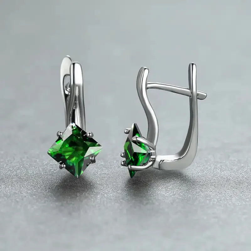 Copper women's earrings with diamond design and zircon inlay in blue, green, and colour options