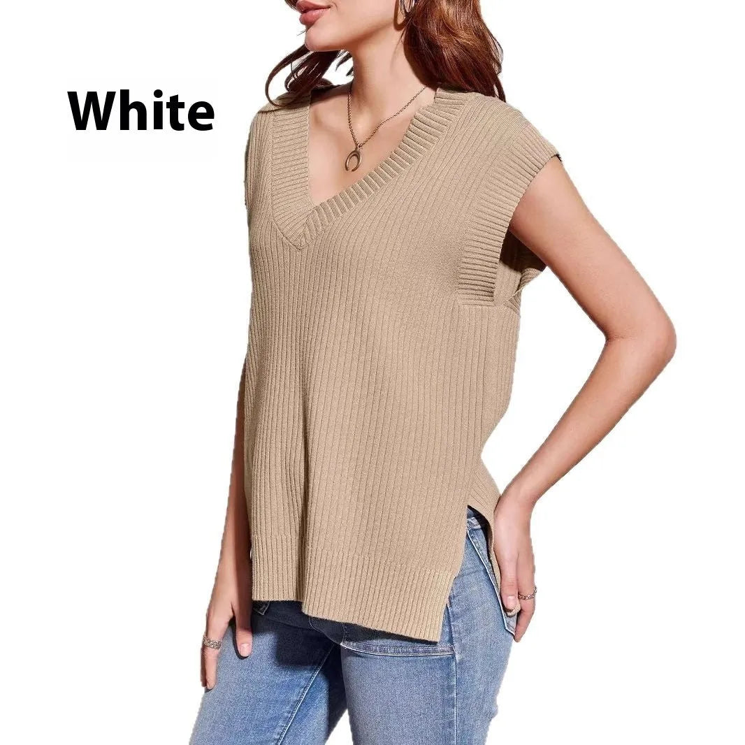 Camel and white loose v-neck sleeveless pullover vests in striped and plaid viscose fabric