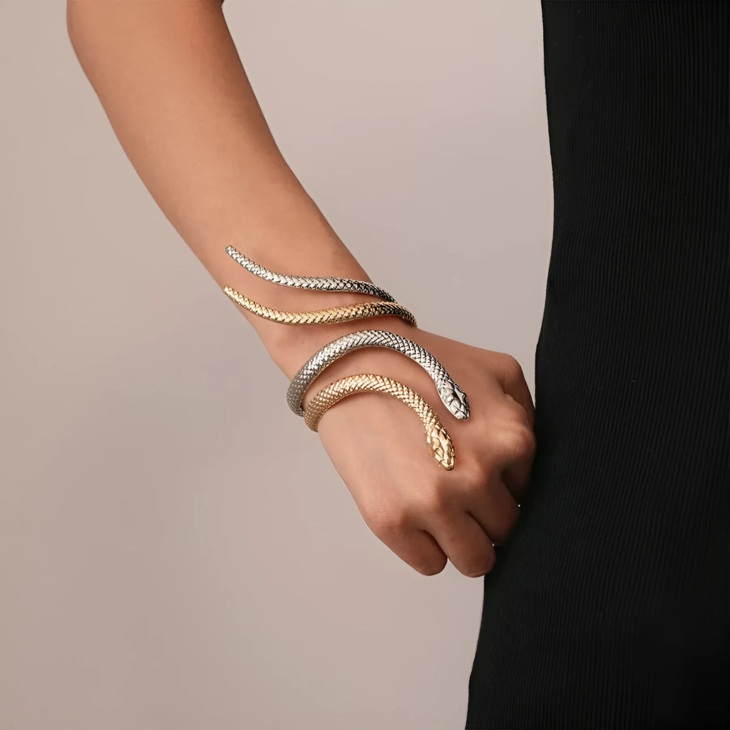 Gold electroplated exaggerated twisted snake design ring and bracelet jewellery set