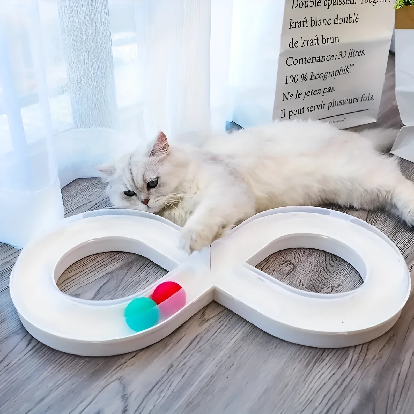 Blue and white cat turntable track ball toy with teasing stick measuring 50cm wide