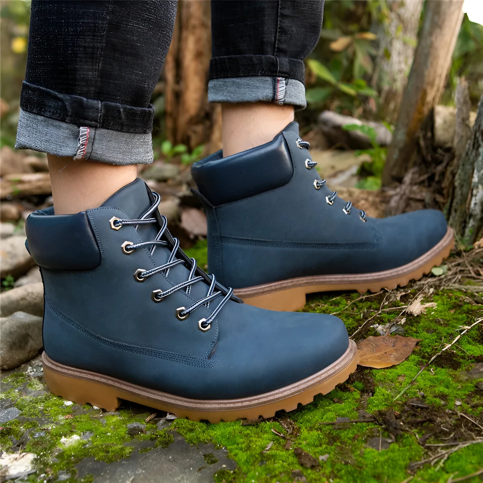 Men's pink Martin boots with velvet lining, round toe and lace-up front closure