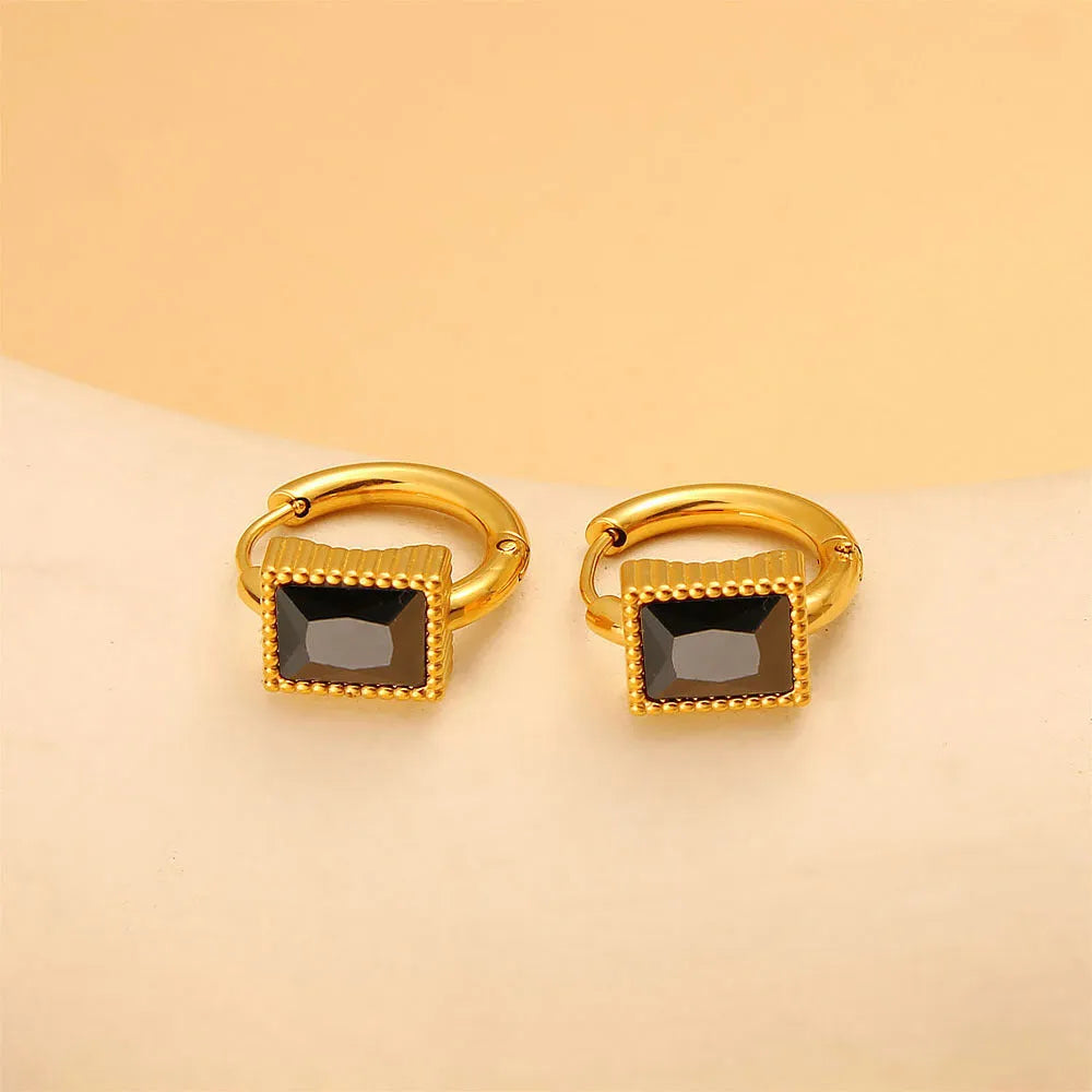 Square zircon stainless steel earrings with geometric design in white, black and green colours