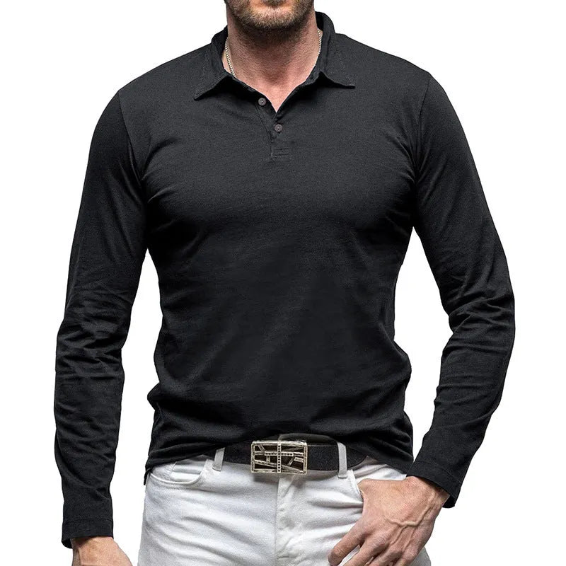 Men's polo collar long sleeve T-shirt in American retro style cotton fabric