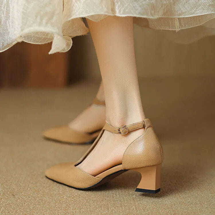 Wine red women's square toe chunky heel shoes with buckle closure, made from sheepskin leather.