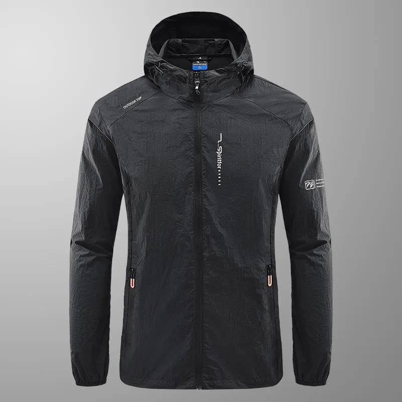 Men's lightweight nylon hooded summer jacket in loose fit, shown in a neutral colour.