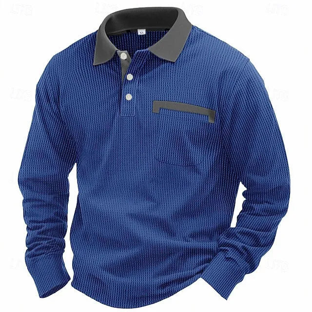Men's waffle-textured polo shirt in wine red with asymmetric design and long sleeves.