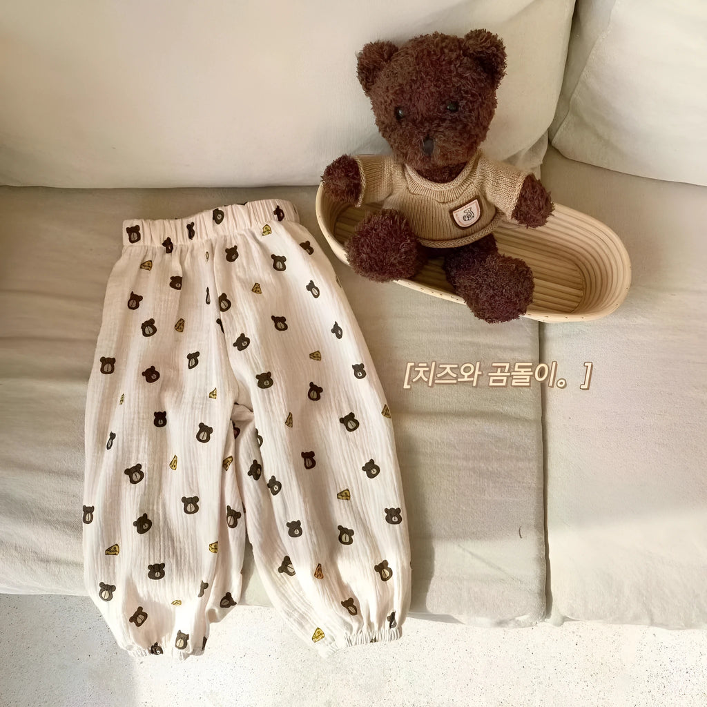 Korean-style double-layer ankle-tied ultra-thin cropped pants for toddlers, cotton anti mosquito pants with cartoon pattern, white bear design