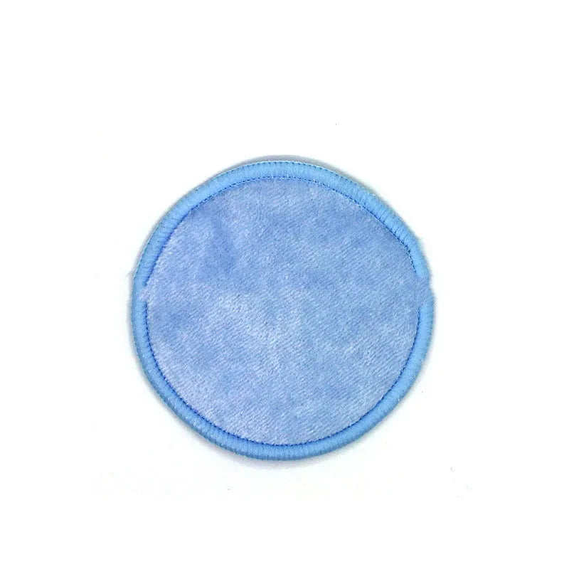 Velvet makeup remover pad set with red and blue pads in cotton mesh storage bag