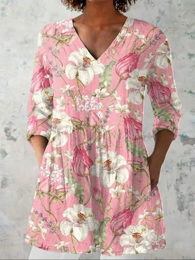 Women's retro slim fit long-sleeved top with digital printing in polyester fabric