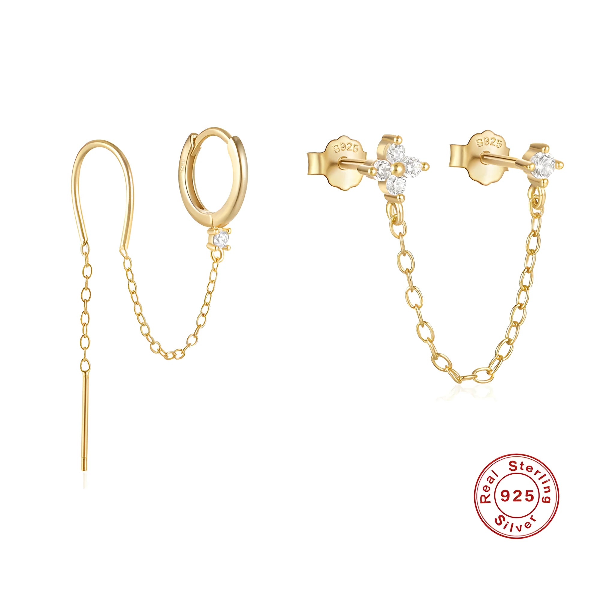 S925 sterling silver geometric stud earrings with a flower and tassel chain design in a gold electroplated finish.