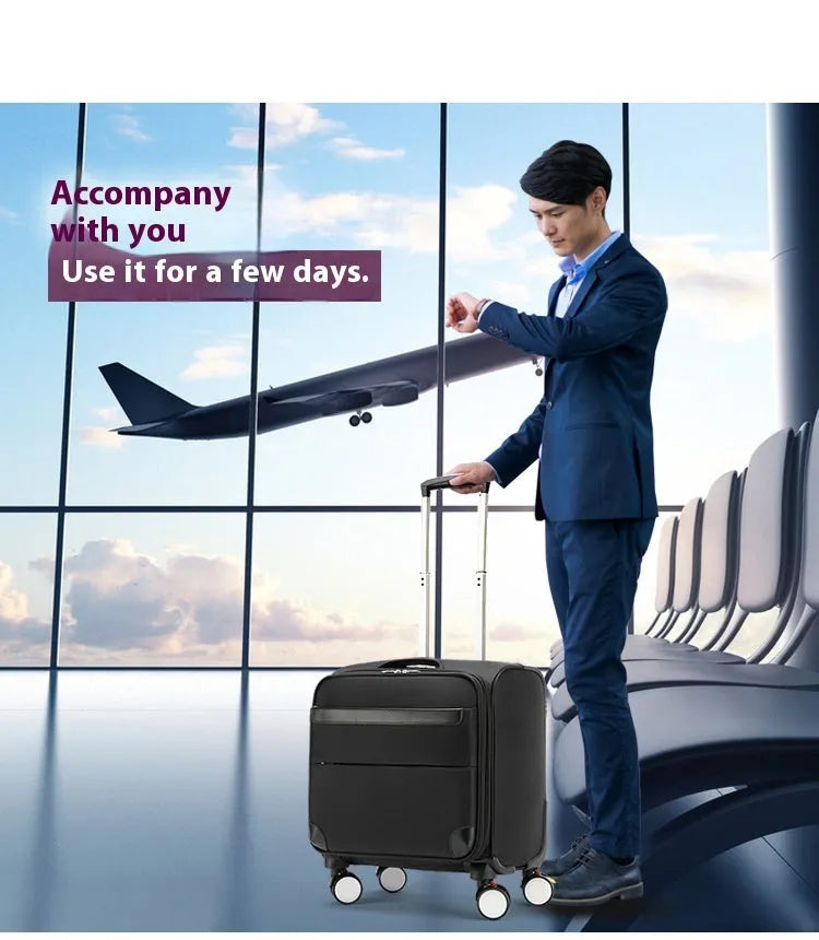 Black 18-inch Oxford cloth business suitcase with pull handle and universal wheels.