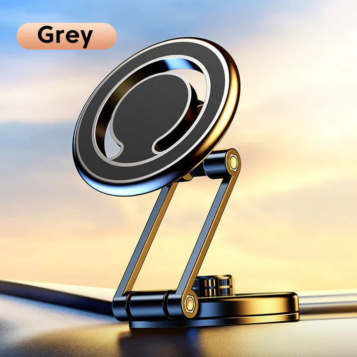 Telescopic folding magnetic car phone holder in black or silver for dashboard mounting.