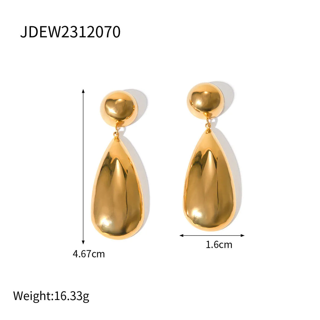 Gold stainless steel water drop pendant earrings with geometric hemisphere design