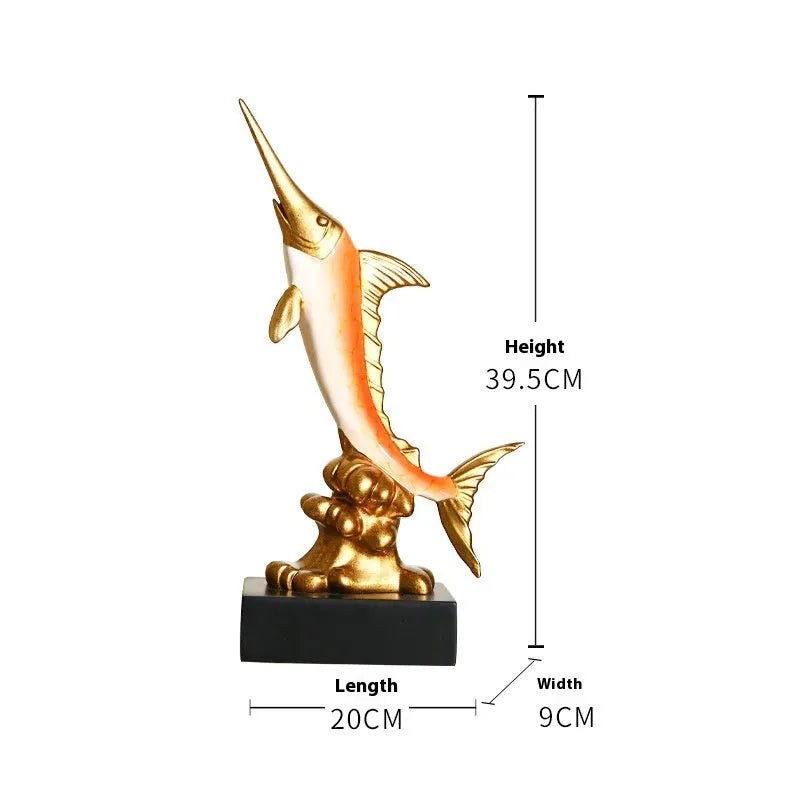 European stylised swordfish resin and plastic decorative ornament on a shelf.