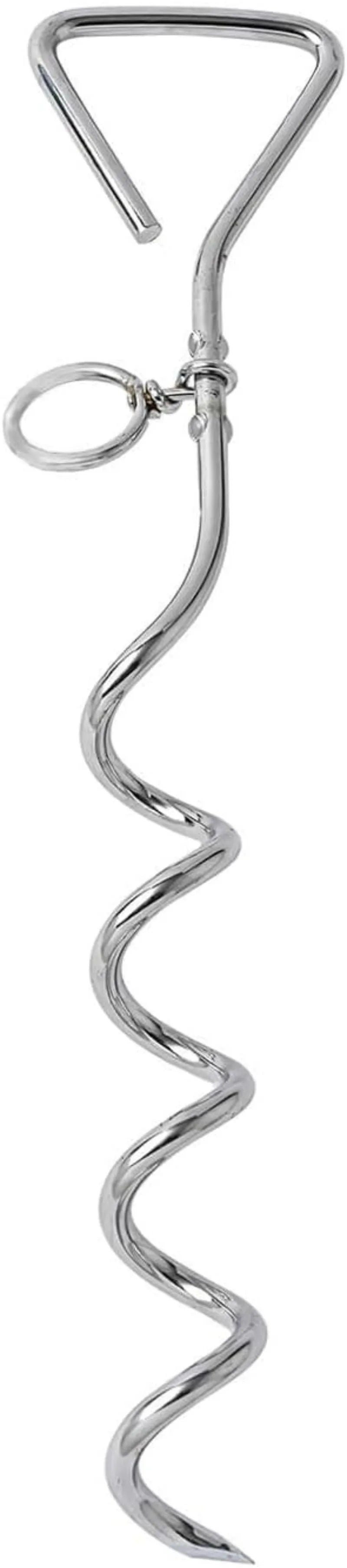 Silver spiral dog tie out stake for ground anchoring in sandy soil conditions