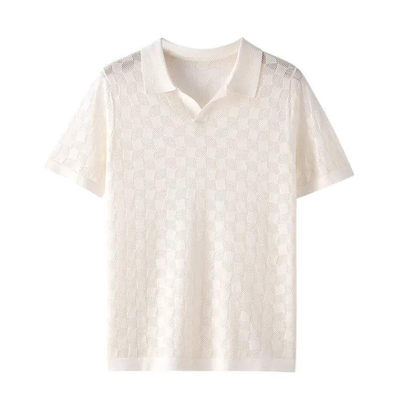 Men's short sleeve mulberry silk sweater with lapels in solid colours: white, black, gray, camel.