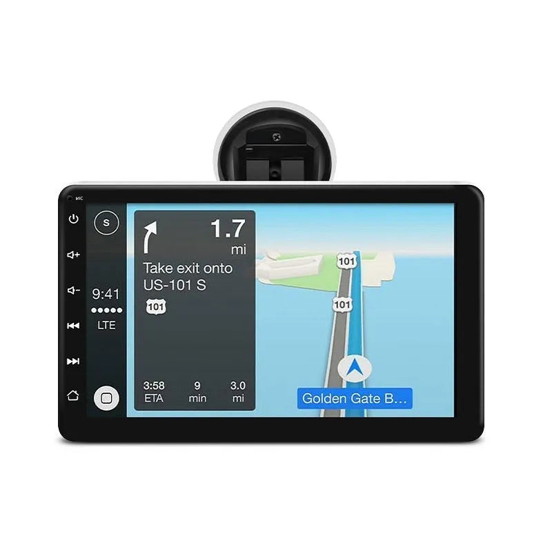 7-inch car GPS navigation unit with wireless CarPlay on a plastic housing, shown with suction cup and adhesive mounting brackets.