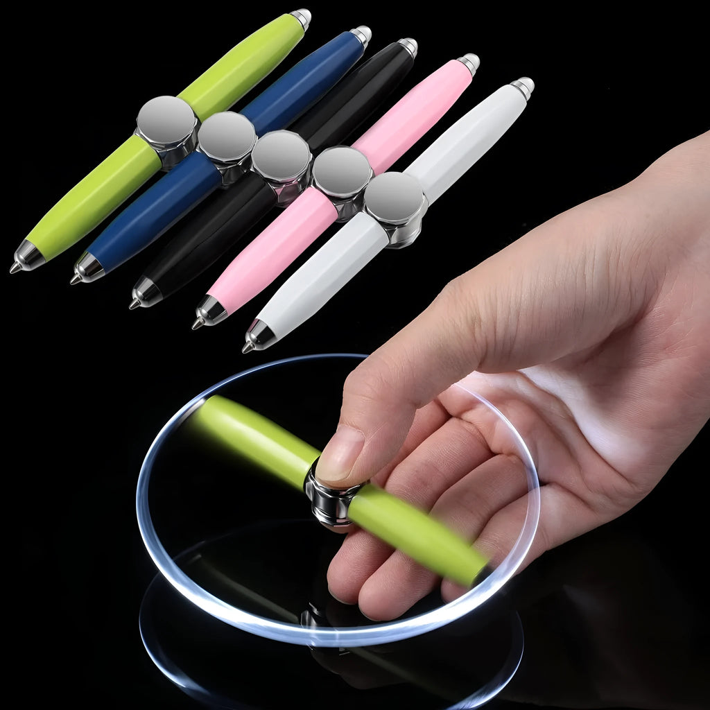 Metal fingertip gyro ballpoint pen with LED spinning function showing 10.5 cm length