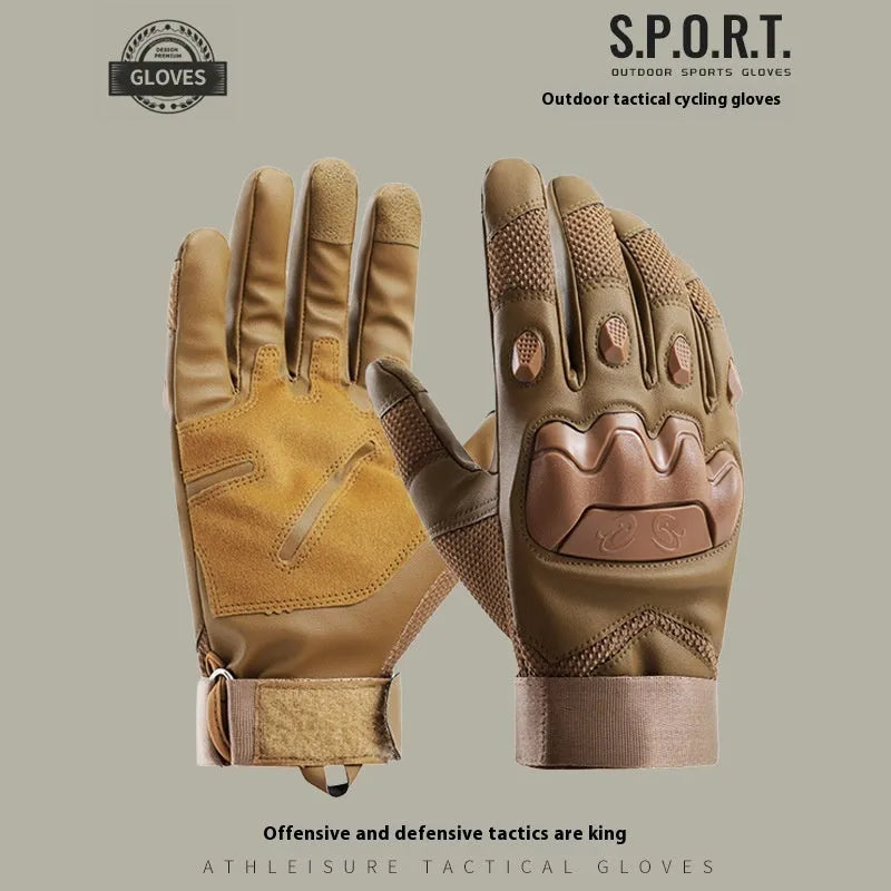 Men's black full-finger tactical gloves with touchscreen fingertips on a hand, showing sizes M L XL.