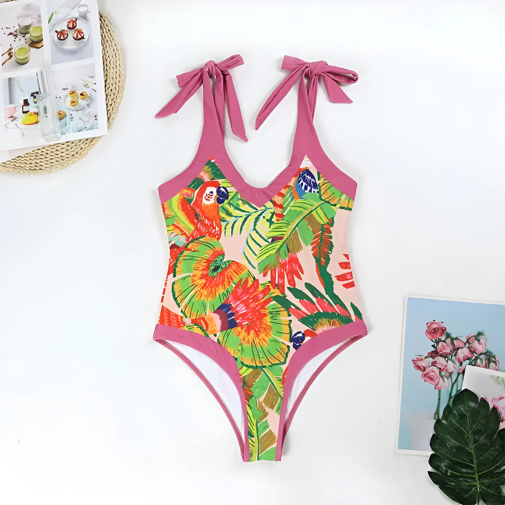Women's pink floral print retro one-piece swimsuit with V-neck and matching skirt