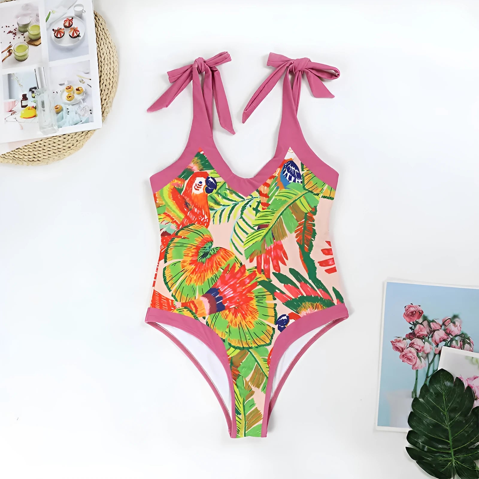 Women's pink floral print retro one-piece swimsuit with V-neck and matching skirt