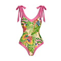 Women's pink floral print retro one-piece swimsuit with V-neck and matching skirt