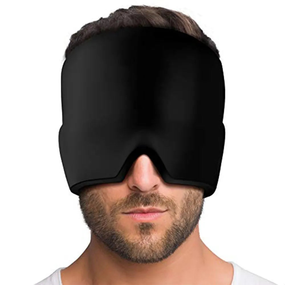 Cold therapy gel eye mask for headache relief in black colour on forehead