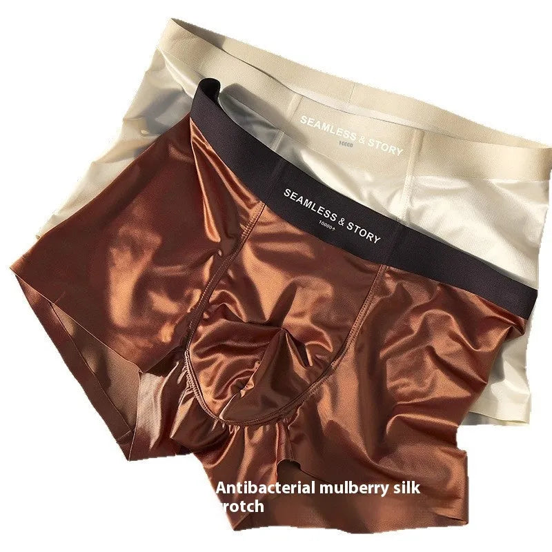 Men's ice silk satin underwear in mid waist design showing coffee, light grey and blue colour options
