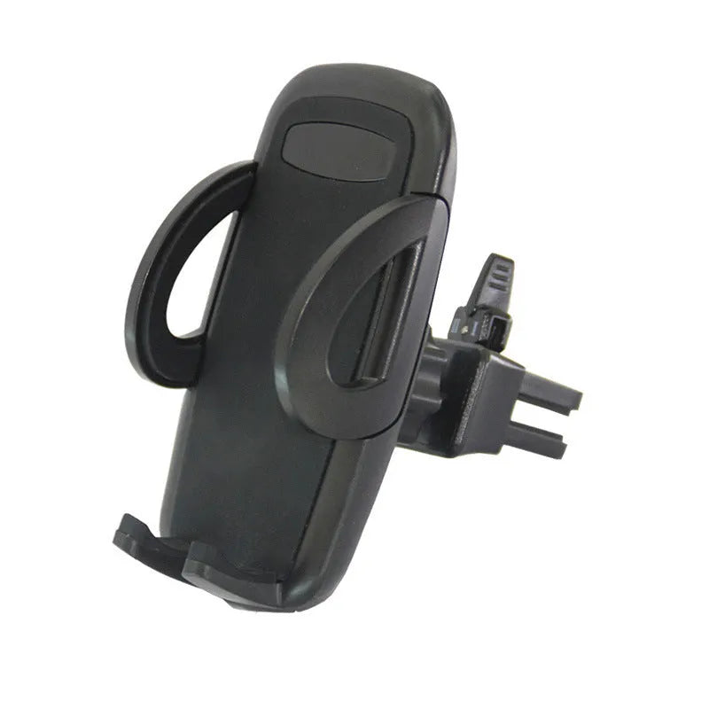 Black plastic car mobile phone holder mounted on vehicle air conditioning outlet