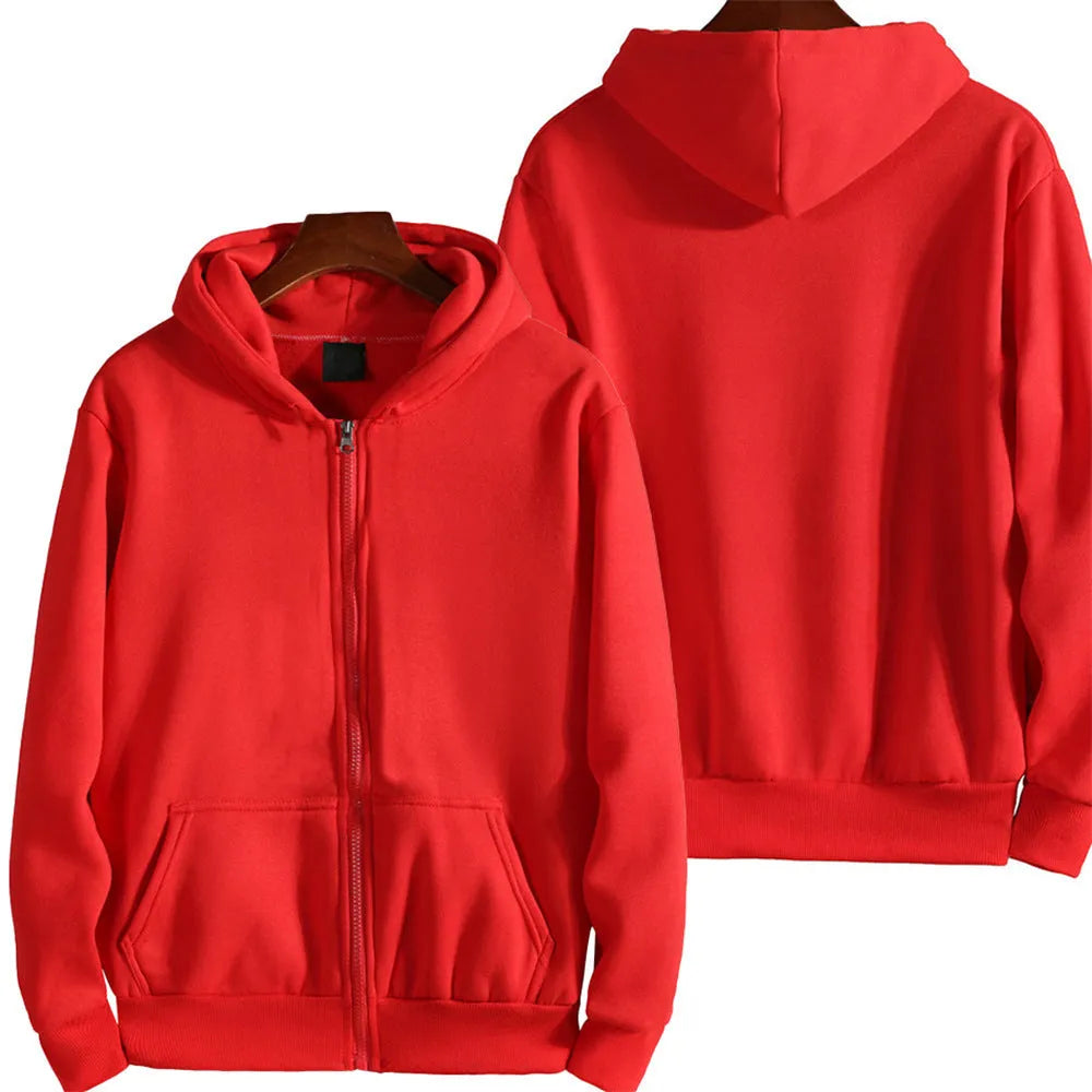 Men's solid colour loose fit zip-up sports jacket on a hanger