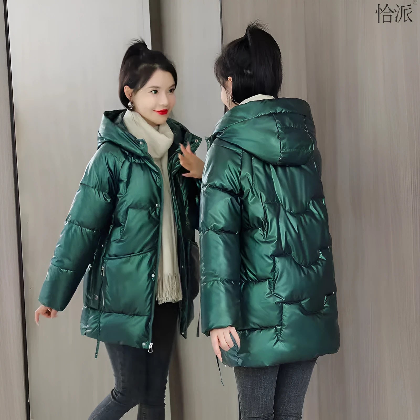 Loose fit women's winter hooded jacket in black, blue, champagne or green colour
