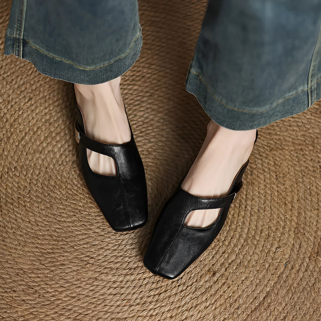 British style square toe slippers in black, beige or silver with low heel and casual design