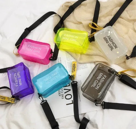 Transparent square jelly shoulder bag with single diagonal cross strap in various colour options