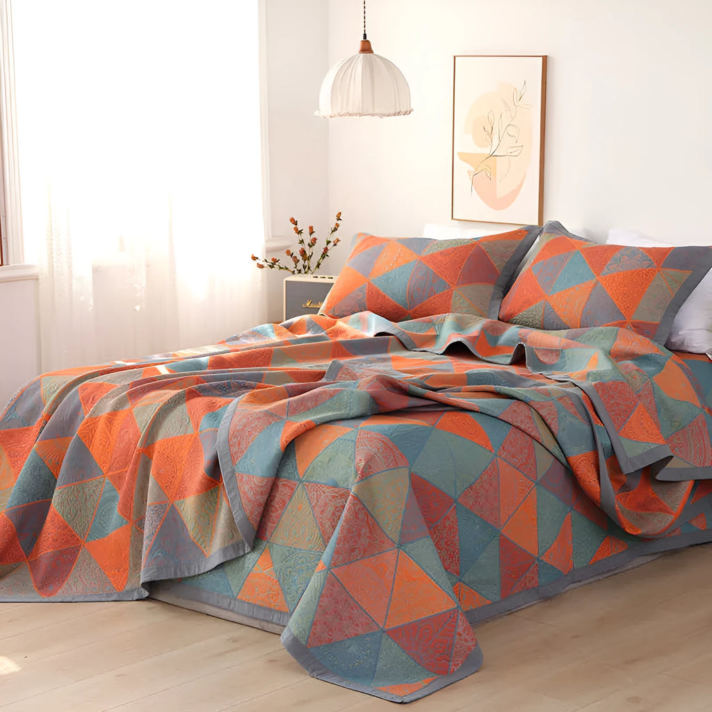 Cotton gauze three-piece bedding set with botanical plant and flower patterns including blanket and two pillowcases