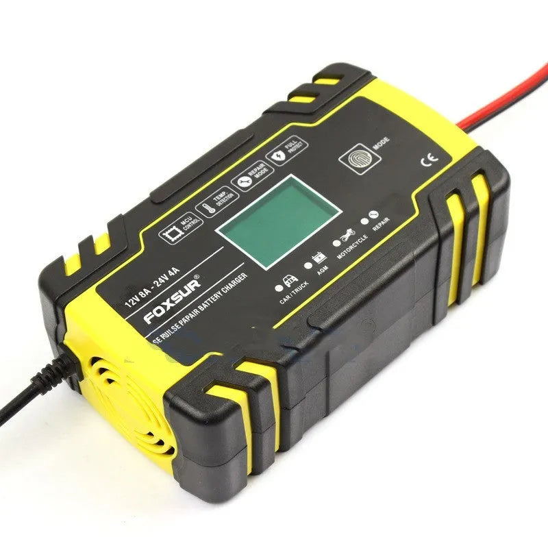 Motorcycle and car battery charger with screen display for 12V and 24V lead-acid batteries
