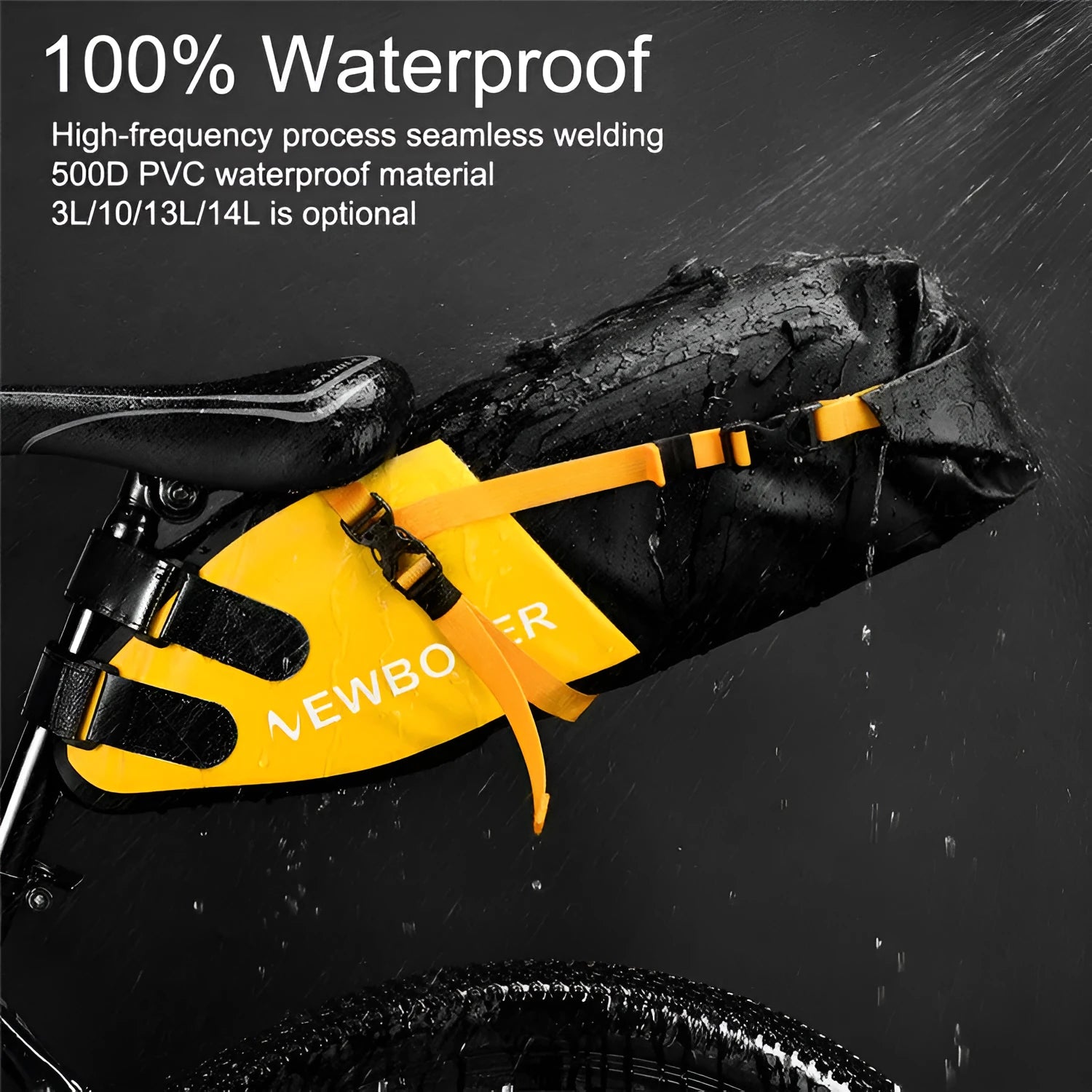 Waterproof PVC bicycle tail bag with 13L capacity in black, green, or yellow colour options.