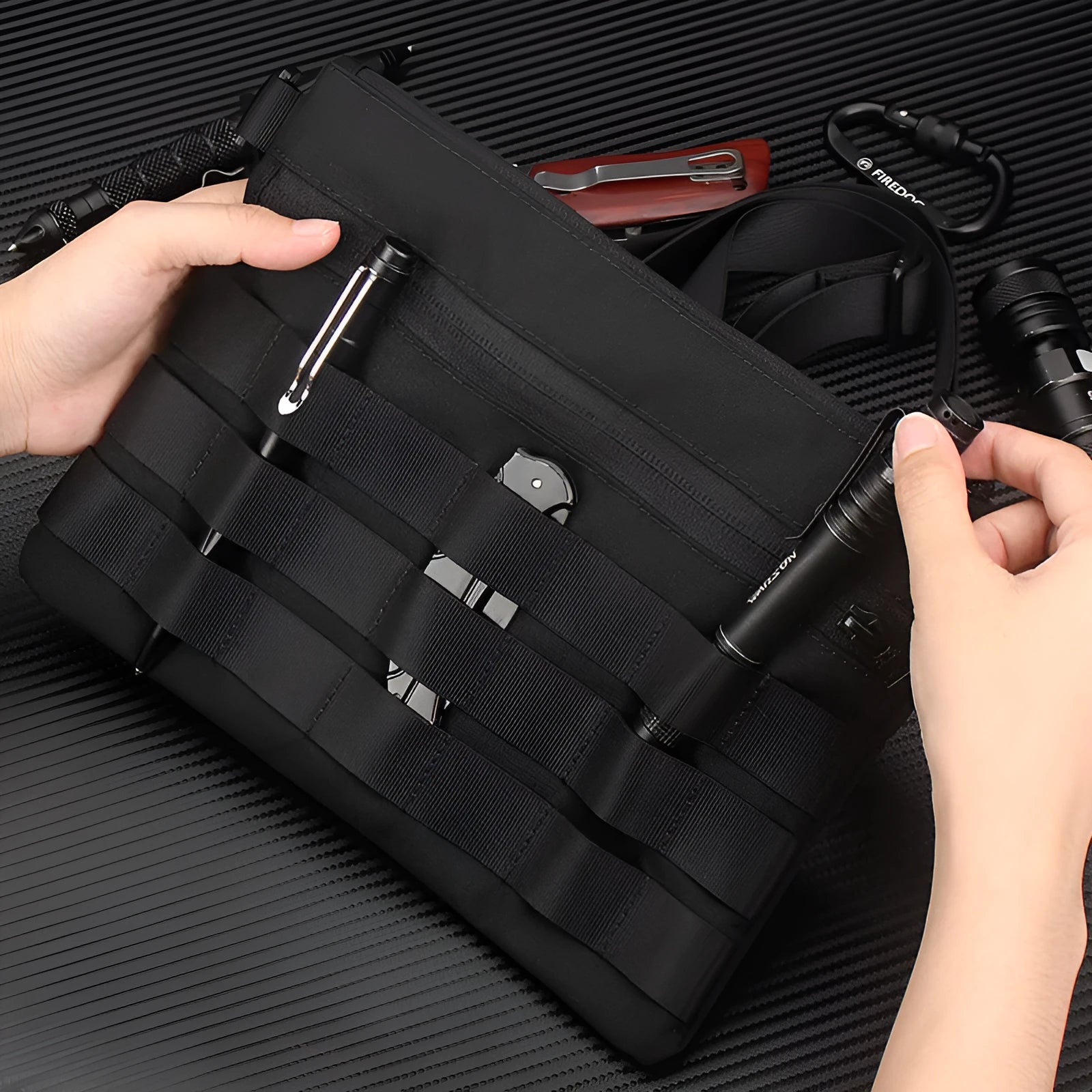 Black oxford cloth tactical pouch measuring 18cm by 3.5cm for outdoor gear.