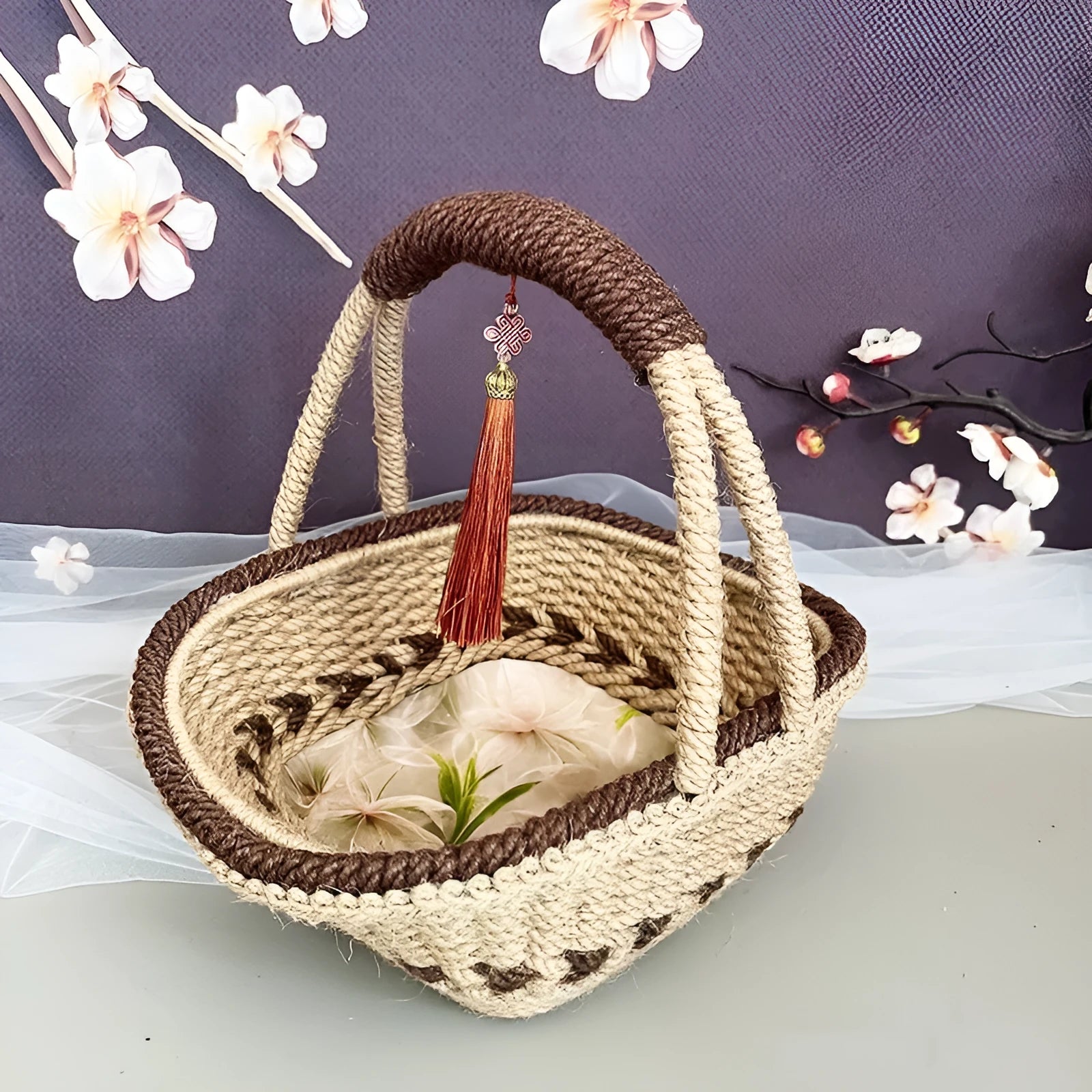 Hand-woven hemp rope basket made from straw material in rustic storage design