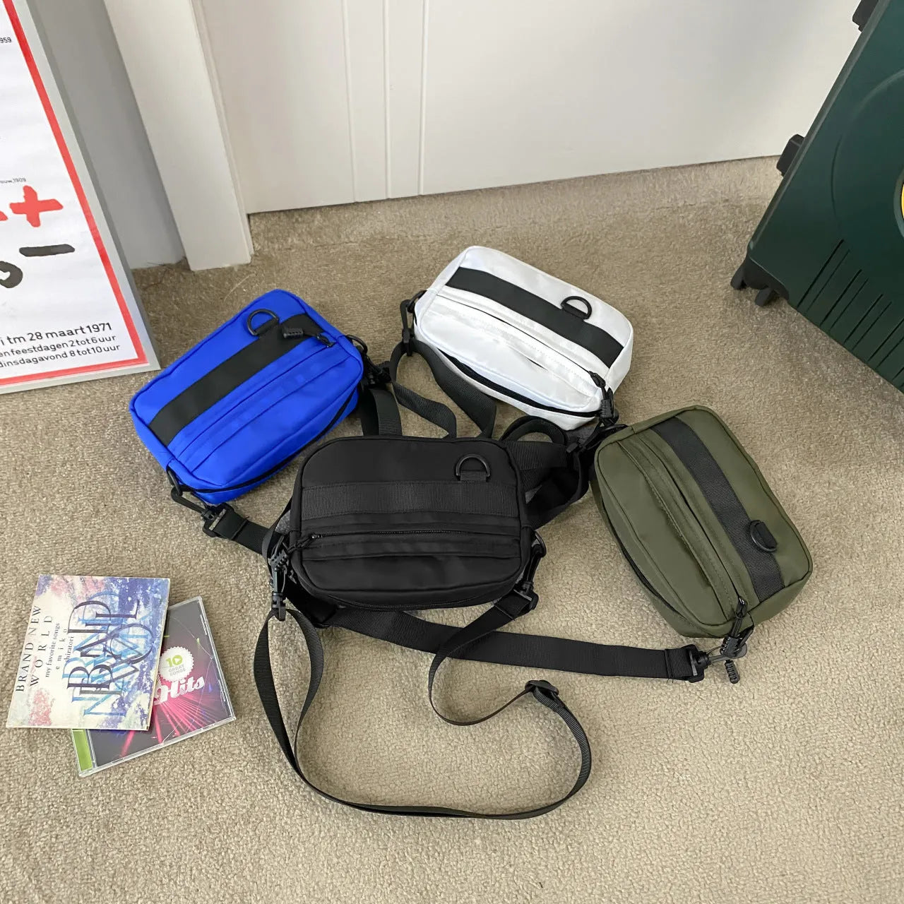 Men's street style nylon messenger bag with crossbody strap in solid colour
