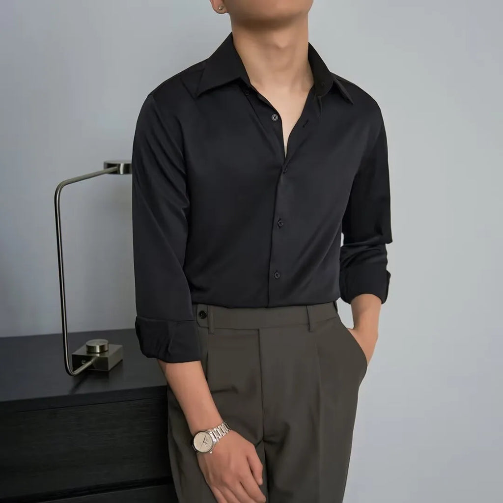 Men's Korean style slim fit cardigan shirt in polyester fabric, long sleeve design in autumn colours