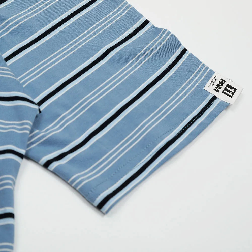 Blue stripe vintage cotton polo shirt with short sleeves and loose fit design