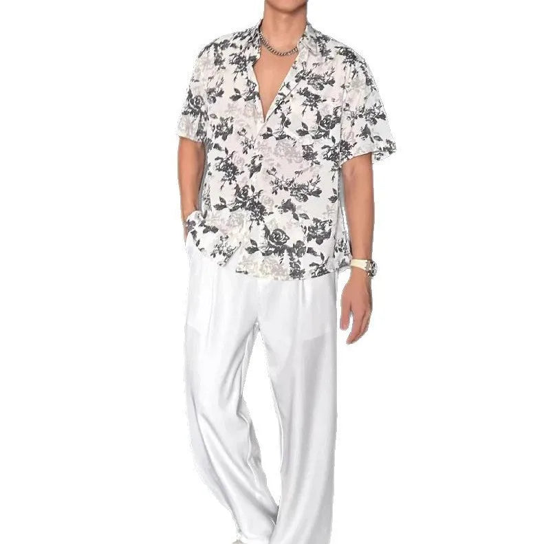 Floral printed short sleeve shirt in loose casual pendant style shown in white and black options