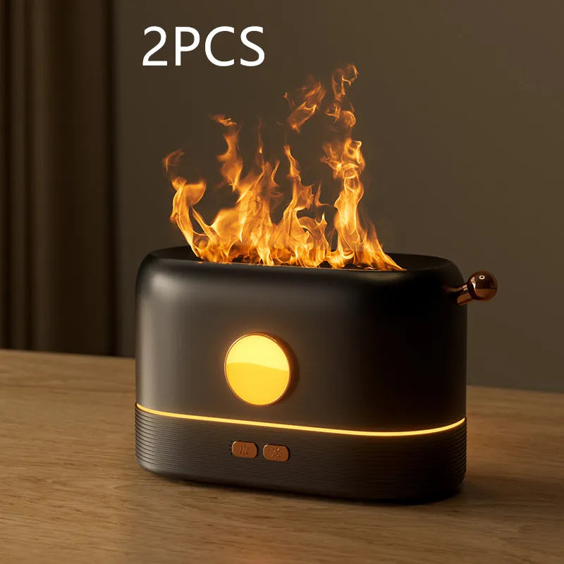 Black USB desktop humidifier diffuser with simulation flame effect and 200ml water tank.
