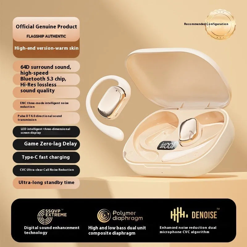 Ear-mounted wireless headphones with digital display screen in black, white, or skin colour options
