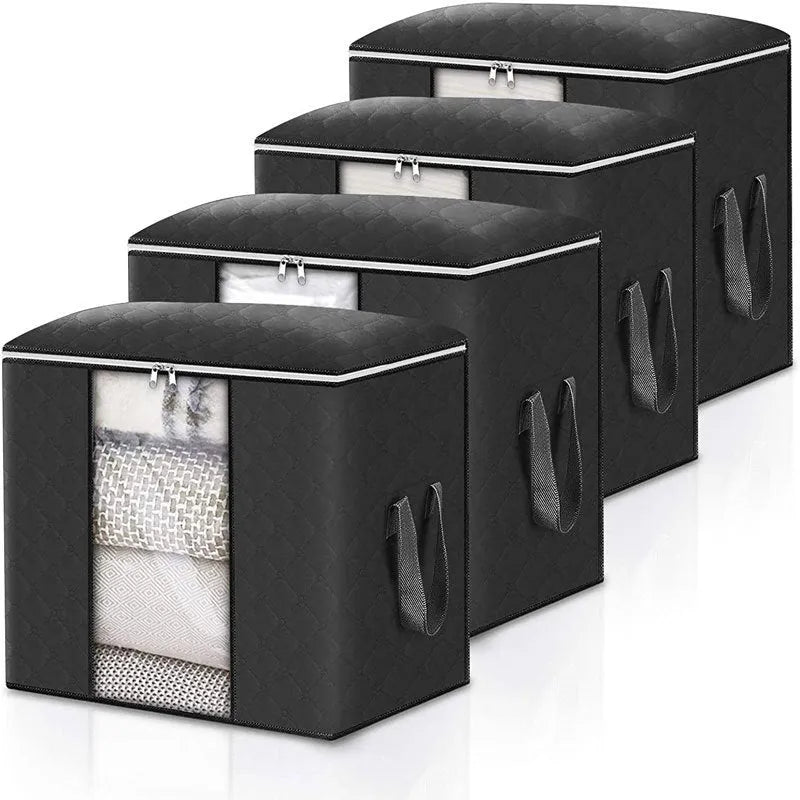 Non-woven handbag-style storage organiser for quilts and clothes in a beige colour.