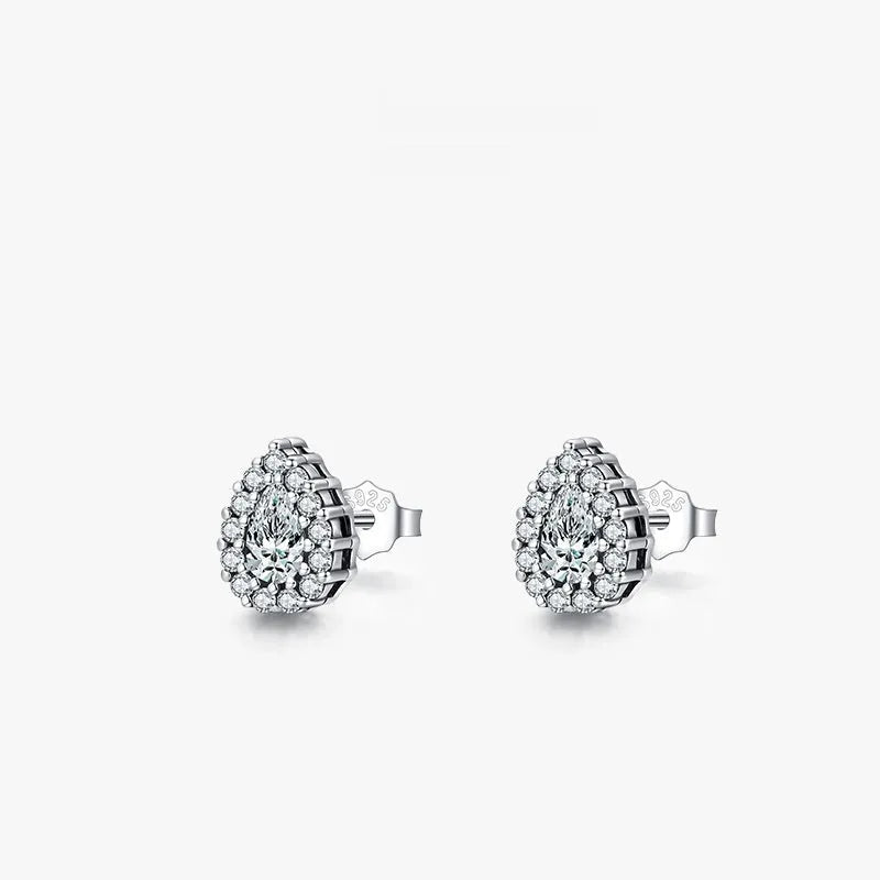 Women's silver drop ear studs with 925 sterling silver and diamond treatment process