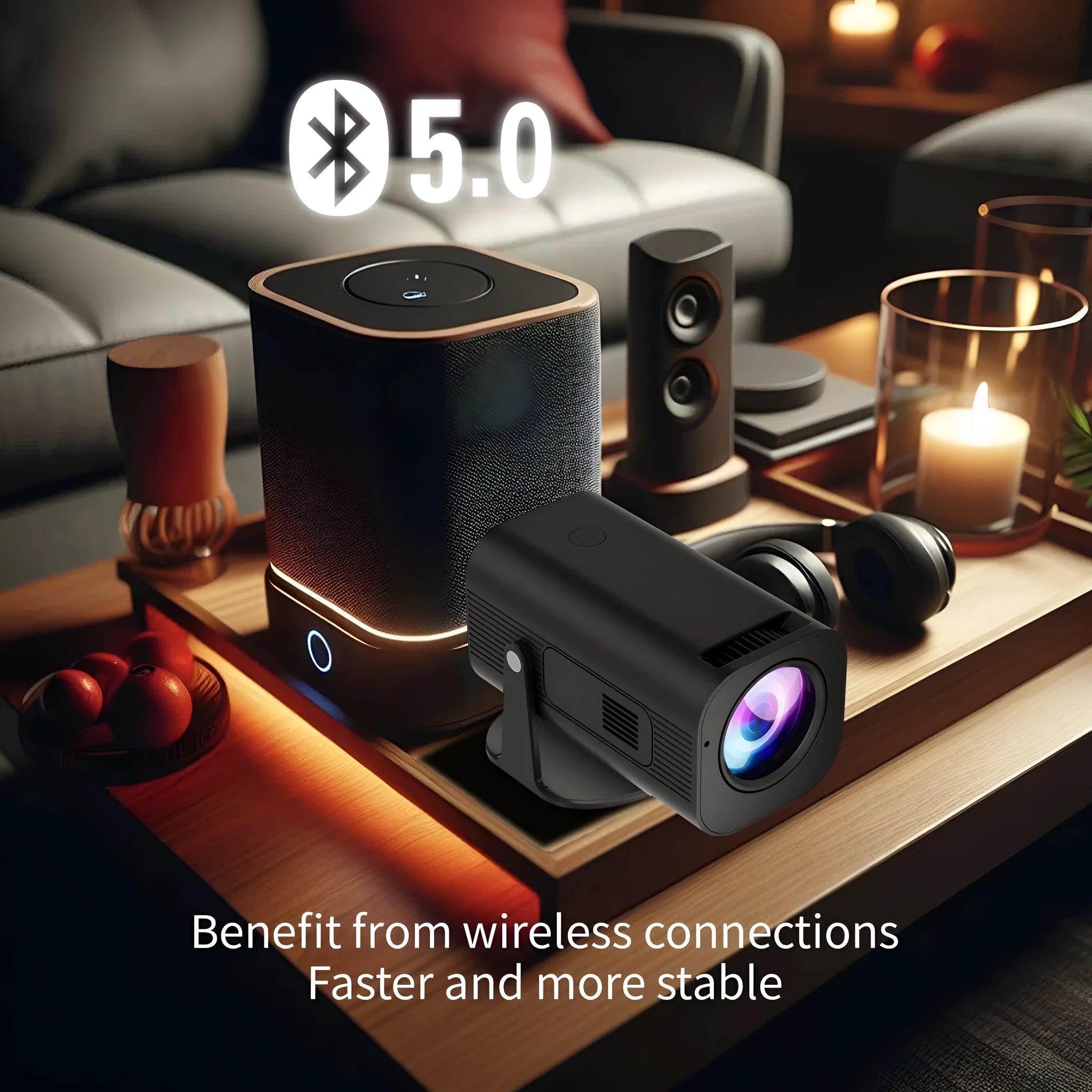Black or white portable mini projector with remote control and power cord on plain background