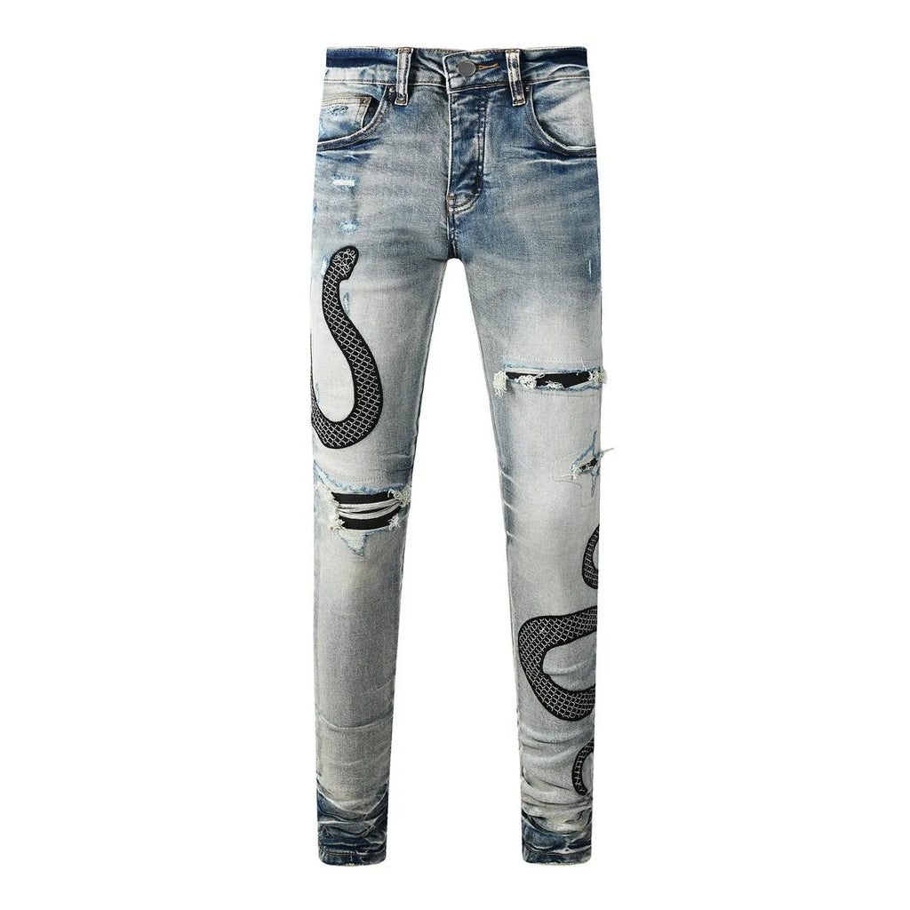 Men's blue distressed skinny jeans with a wash effect and button fly