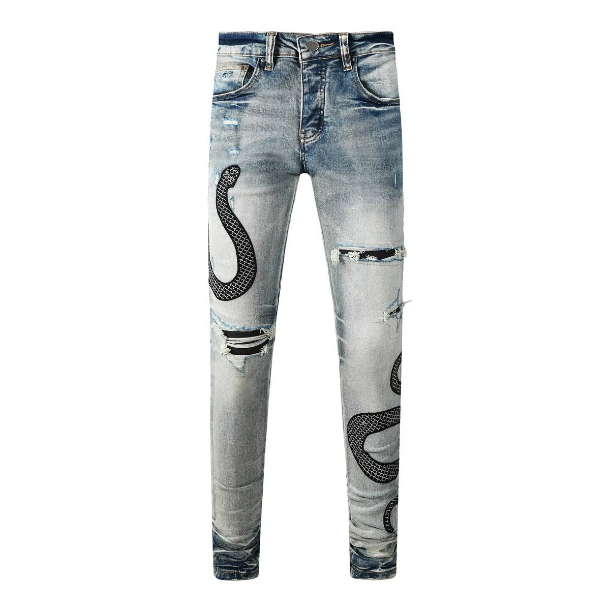 Men's blue distressed skinny jeans with a wash effect and button fly