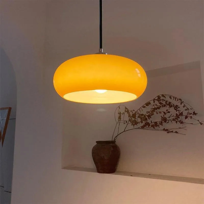 Bauhaus three-headed glass egg tart pendant light in retro style, shown in milk white.